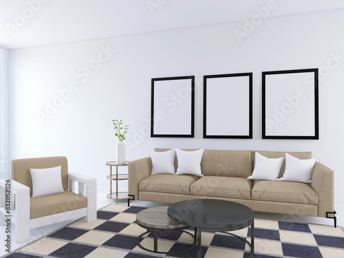 Modern Living Room Wall Poster Frame Mockup with Beautiful Interior. 3D Render