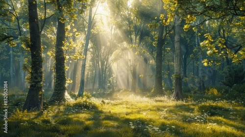 a peaceful forest with sunlight filtering through the trees, soft shadows and gentle light