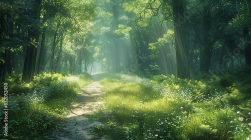 a quiet forest path with dappled sunlight and soft shadows, peaceful and inviting