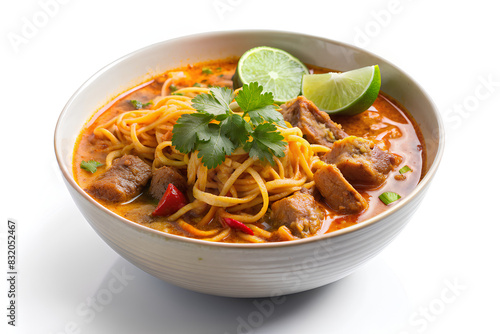 Thai Northern Style Curried Noodle Soup with beef,Khao Soi Local northern food of Thailand, isolate white background