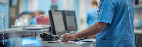 A healthcare worker standing at a station with computer and medical machinery in a hospital