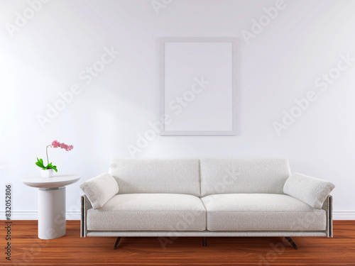 Modern Living Room Wall Poster Frame Mockup with Sofa. 3D Render