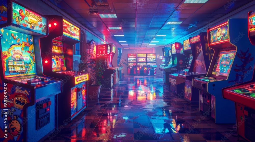 a retro arcade with vintage games and modern players, colorful and dynamic