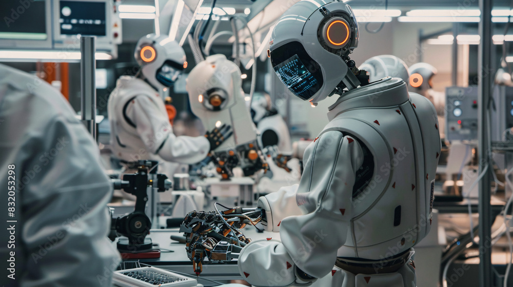A robots are standing in a laboratory room. They are all white and have a robotic appearance A robots are standing in a laboratory room. They are all white and have a robotic appearance