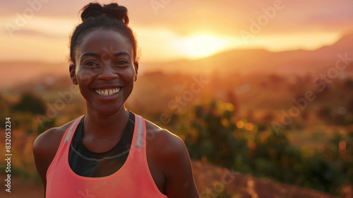 Fitness, black woman and happy athlete smile after running, exercise and marathon training workout. Red sky, summer sports and run of a African runner breathing with happiness from sport outdoor