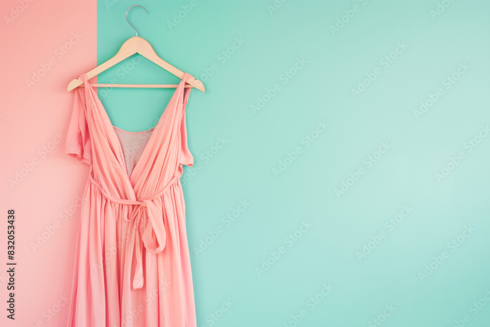 Pink dress hanging on a wooden hanger against a pastel pink and mint green background, creating a soft, feminine, and minimalist composition with a fresh and stylish aesthetic Pink dress hanging on a wooden hanger against a pastel pink and mint green background, creating a soft, feminine, and minimalist composition with a fresh and stylish aesthetic
