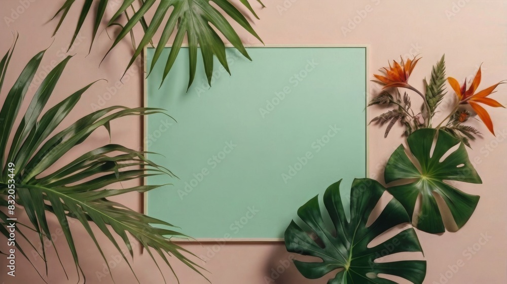 Tropical leaves and flowers on pastel background, Tropical leaves and flowers on pastel background,
