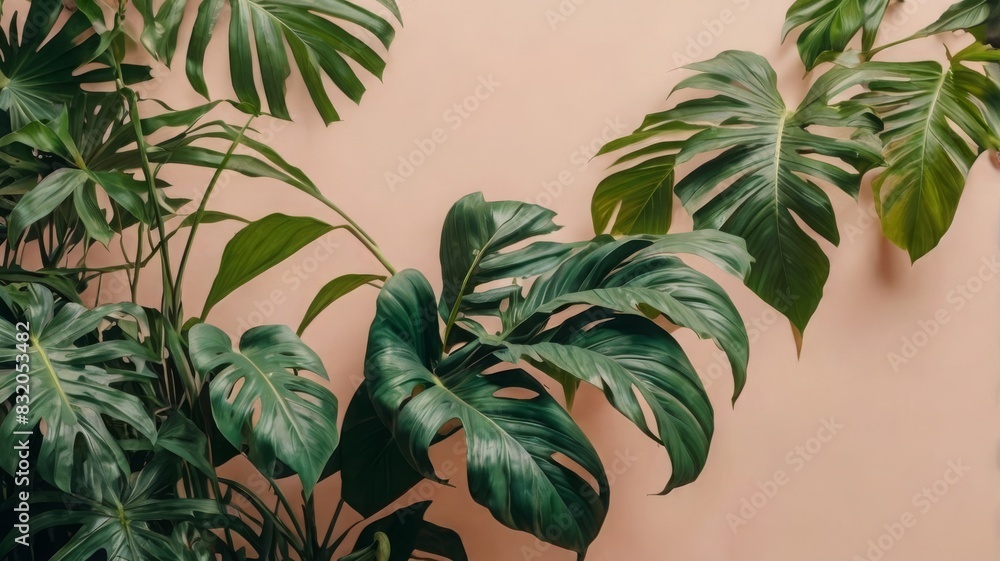 Tropical leaves and flowers on pastel background, Tropical leaves and flowers on pastel background,