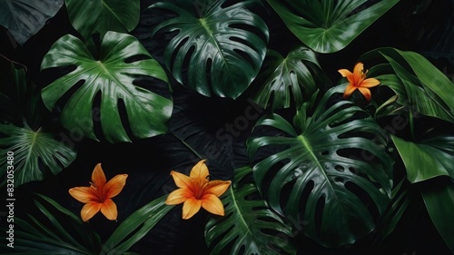 Green tropical leaves and yellow flowers on a black background,