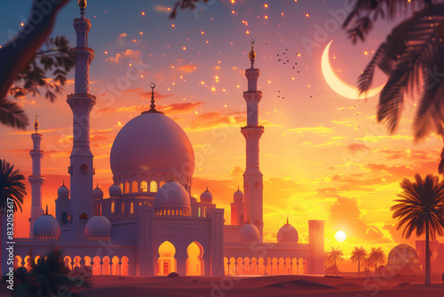 Illustration of beautiful mosque and ramadan islamic culture