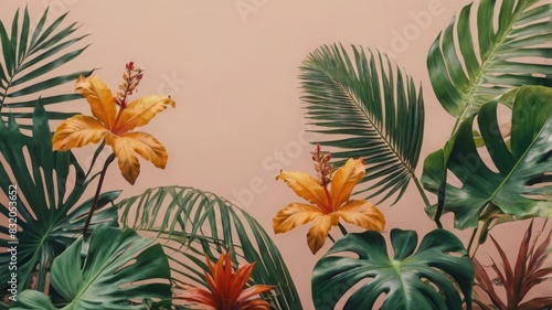 Tropical leaves and flowers on pastel background 