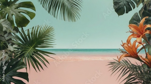 Tropical leaves and flowers on pastel background 