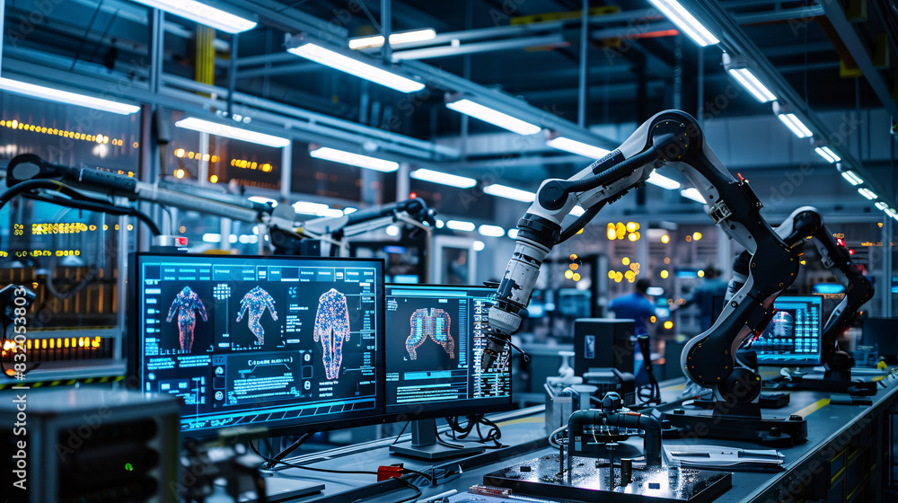 A robot automation arm in front of a computer monitor. The robot is surrounded by several computer monitors. Concept of technology and innovation A robot automation arm in front of a computer monitor. The robot is surrounded by several computer monitors. Concept of technology and innovation