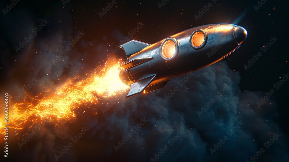 An adorable cartoon rocket ship blasting off into space, its round porthole windows gleaming with excitement as it embarks on a cosmic adventure. The rocket's sleek silver body shines in the soft,