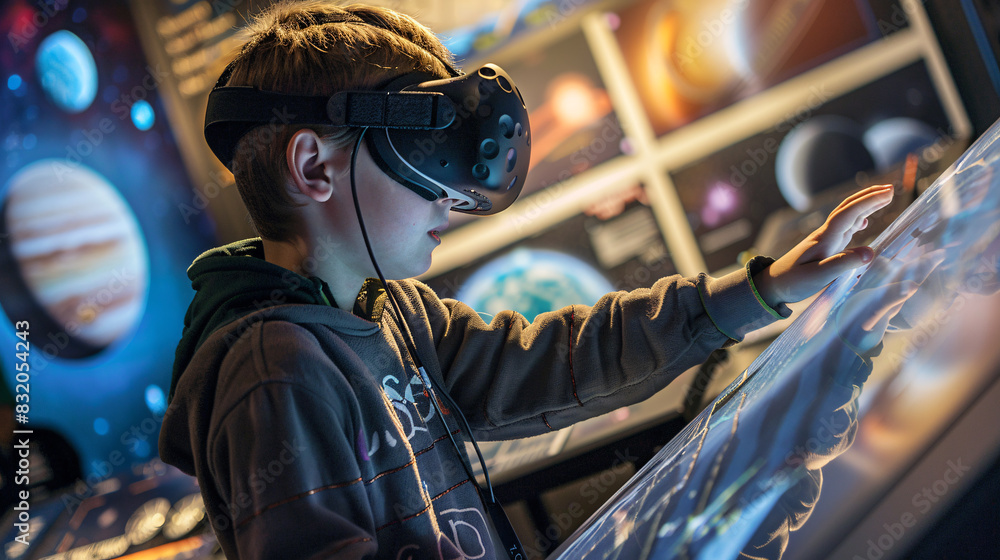 A young boy is playing a video game in a virtual reality setting. He is reaching out to touch a planet on the screen. The scene is colorful and imaginative, with a sense of wonder and excitement