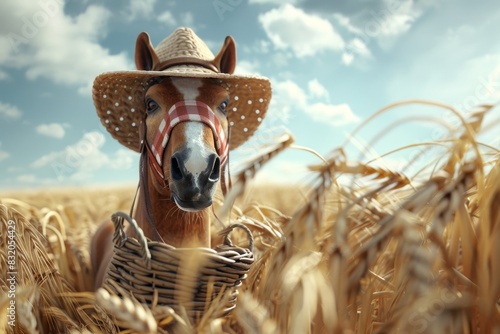 A horse wearing a cowboy hat and a bridle is standing in a field of tall grass