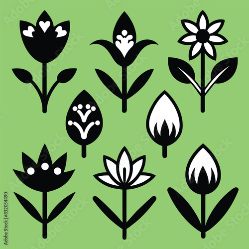 Set of Solid black outline Forest flowers Snowdrops vector icon