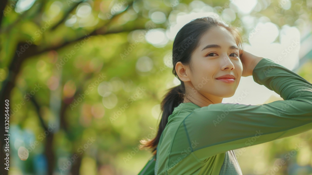 Asian female jogger in green activewear stretching in park. Pre-run warm-up for a healthy lifestyle. Fitness and wellness being concept. Asian female jogger in green activewear stretching in park. Pre-run warm-up for a healthy lifestyle. Fitness and wellness being concept.