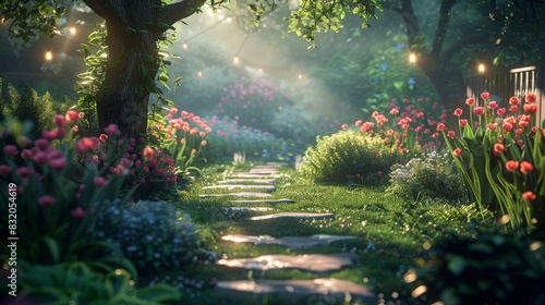 a serene garden with soft lighting and blooming flowers, peaceful and inviting