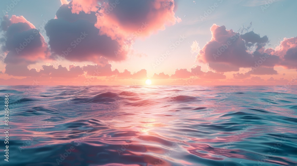 a serene sunset over calm waters, gentle waves and soft colors