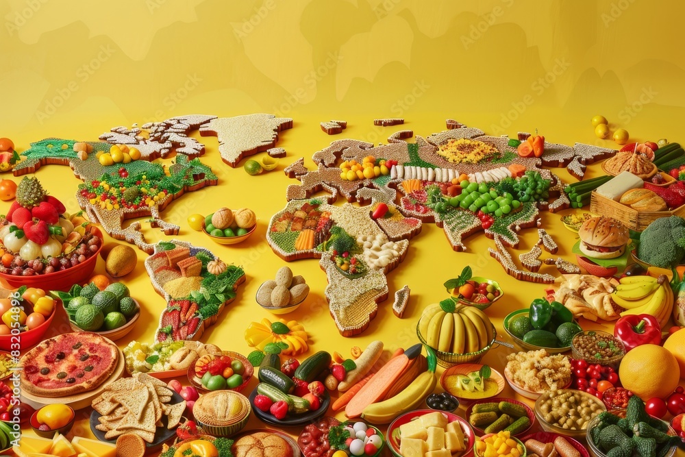 A large plate of food is arranged to look like a map of the world