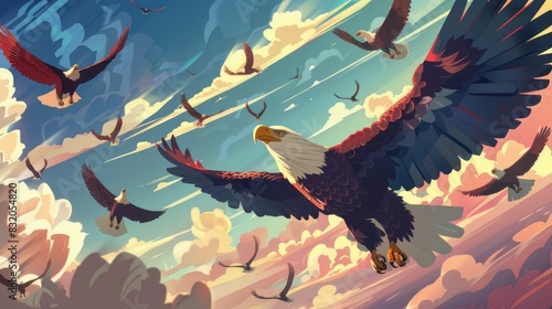 Cartoon eagles soar through the sky, carrying banners that proclaim liberty and justice for all on Independence Day