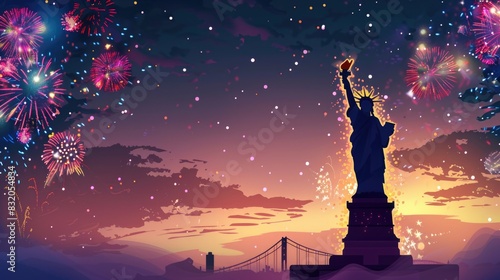 A cartoon Statue of Liberty stands tall against a backdrop of fireworks, representing the enduring spirit of freedom on Independence Day photo