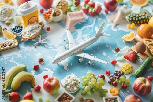 white airplane is on a map of the world with a variety of fruits