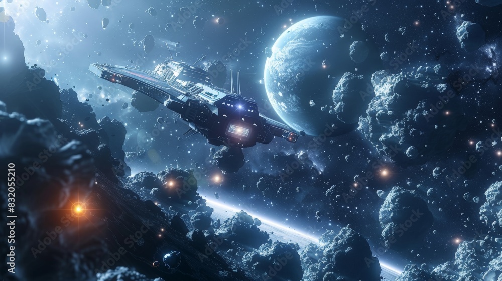 a space exploration scene where 2D stars and planets orbit around 3D spacecraft, vast and adventurous a space exploration scene where 2D stars and planets orbit around 3D spacecraft, vast and adventurous