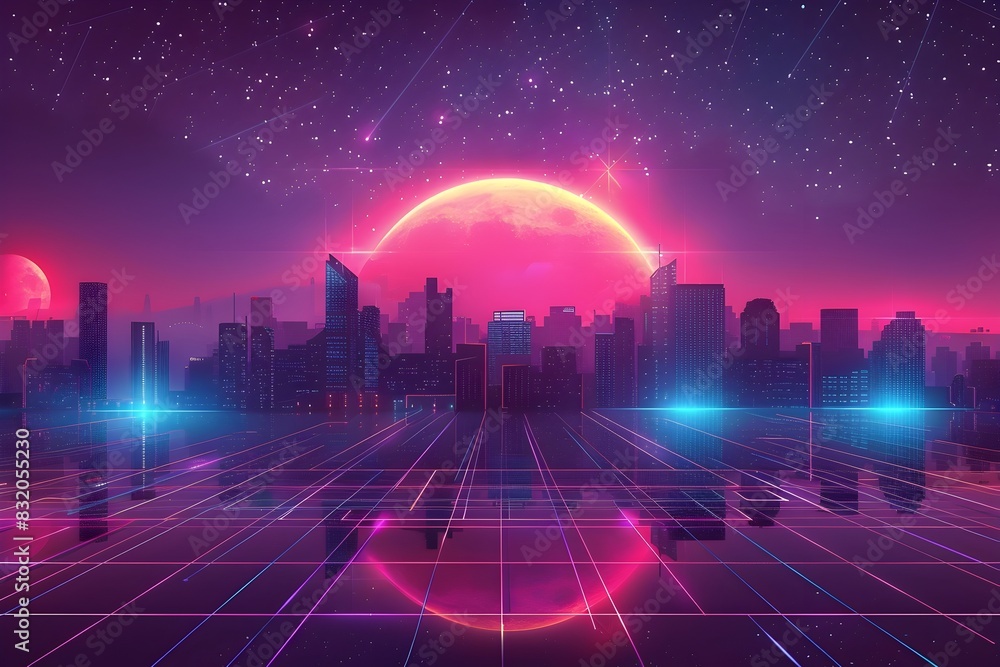 Futuristic Cityscape with Neon Lights and Geometric Skyscrapers Against a Minimalist Starry Night Sky