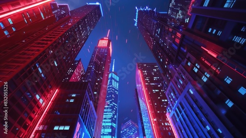 In an animated metropolis, skyscrapers light up with red, white, and blue lights to honor Independence Day photo