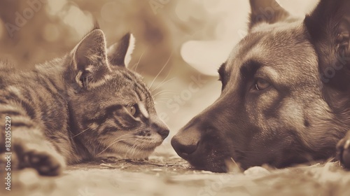 Loyal Canine and Mischievous Feline Playmates in Gentle Interaction with Nostalgic Sepia Aesthetic photo