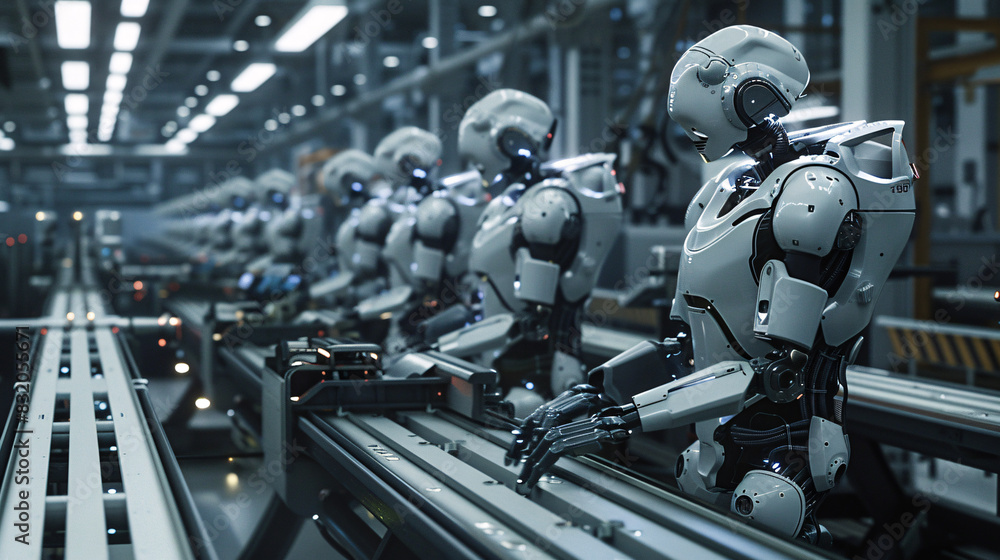 A group of robots are working on a conveyor belt. The robots are all white and are lined up in a row A group of robots are working on a conveyor belt. The robots are all white and are lined up in a row