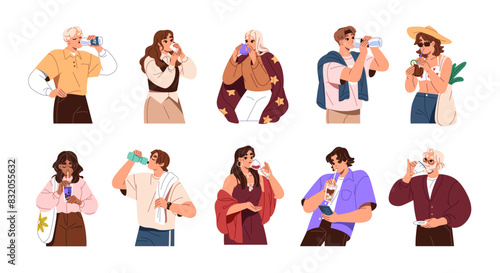 People drink different beverages set. Diverse men and women quench thirst with bottle of cool water, cocktails, juices. Characters hold cups of coffee, tea. Flat isolated vector illustrations on white