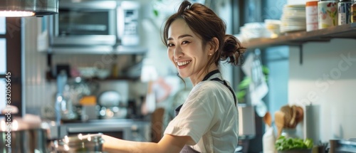 Smiling Woman Cooking in a Kitchen.