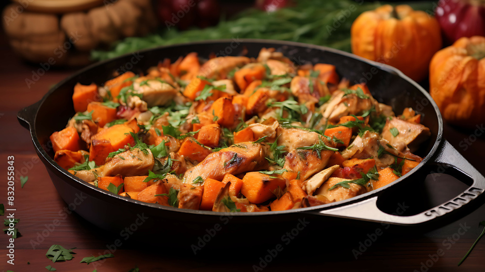 Turkey and Sweet Potato Skillet recipe. Generative AI Turkey and Sweet Potato Skillet recipe. Generative AI