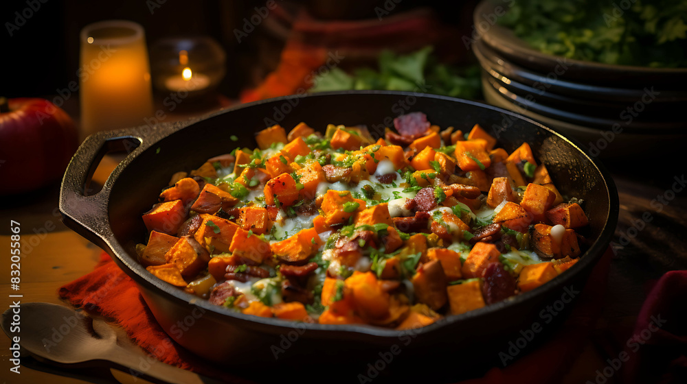 Turkey and Sweet Potato Skillet recipe. Generative AI Turkey and Sweet Potato Skillet recipe. Generative AI