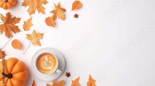 Fototapeta Naklejka Na Ścianę i Meble -  top view of autumn and thanksgiving concept  frame, filled with pumpkins, maple leafs, almonds, pumpkin spice late, powdered sugar and flour on white background. copy space, place for text
