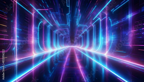Background futuristic neon tunnel with glowing lines and shape 4
