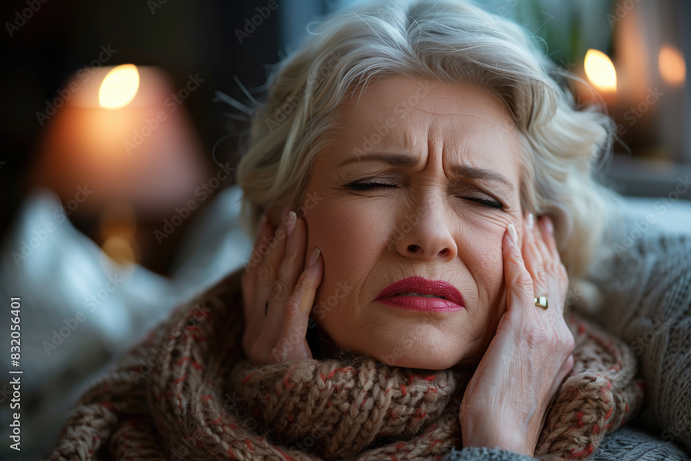 Elderly woman with toothache, periodontal disease in wisdom teeth, gum inflammation, dental pain Elderly woman with toothache, periodontal disease in wisdom teeth, gum inflammation, dental pain