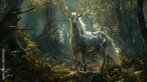 A white horse with antlers stands in a forest. The horse is surrounded by trees and bushes  and the forest appears to be dark and mysterious. The deer s antlers are large and pointy