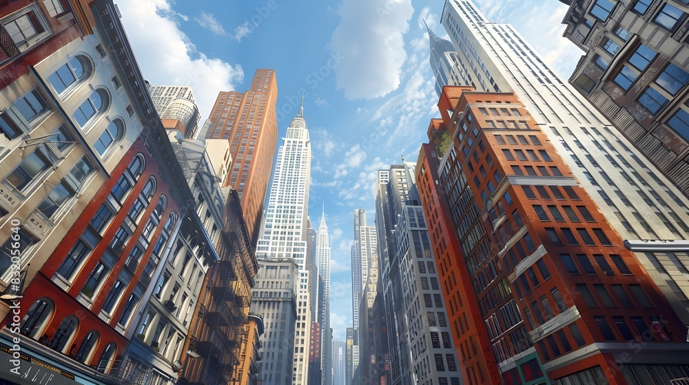 Fototapeta premium Awe-Inspiring Concrete Jungle:Striking Cityscape with Towering Skyscrapers and Bustling Streets