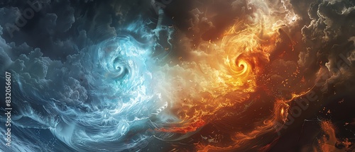 Abstract representation of opposing forces of fire and ice. Captivating and dynamic, showcasing the contrast and harmony between elements. photo