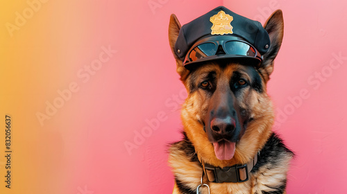 German Shepherd dog wearing police hat and sunglasses in pastel background. creative concept photo