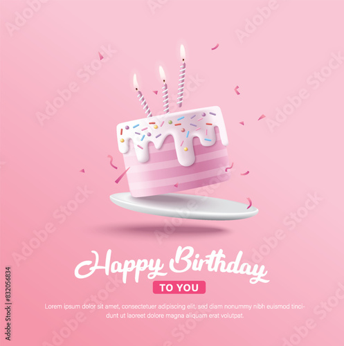 Happy Birthday celebration typography design with 3d birthday cake for greeting card, poster or banner. Vector illustration