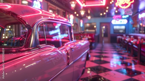 a vintage diner with neon lights and modern patrons, retro and contemporary blend