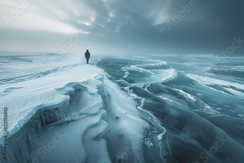 A lone figure bundled against the biting cold traverses the desolate beauty of the frozen tundra, a journey into a world suspended in ice and snow. photo
