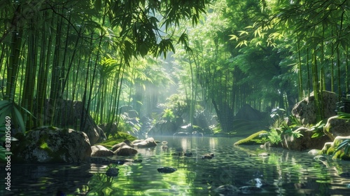 A peaceful bamboo forest with gentle streams and a canopy of leaves providing shade and privacy.