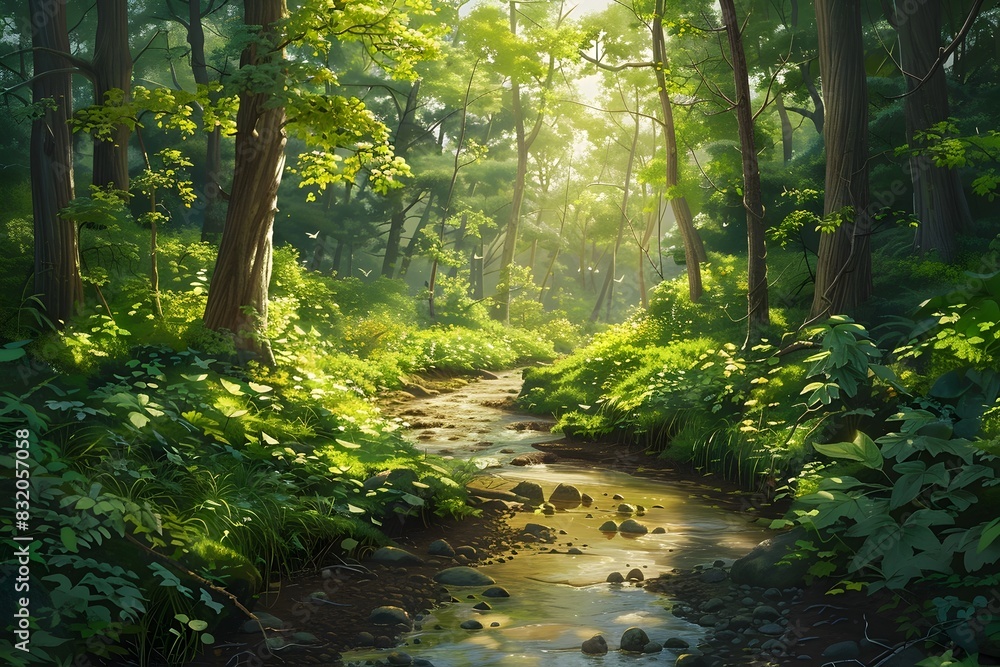 Lush and Sprawling Forest Canopy with Sunlit Winding Stream Lush and Sprawling Forest Canopy with Sunlit Winding Stream