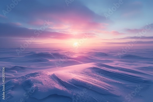 Soft pastel hues paint the sky above the frozen tundra as the sun dips below the icy horizon, casting a tranquil glow over the frigid landscape. photo